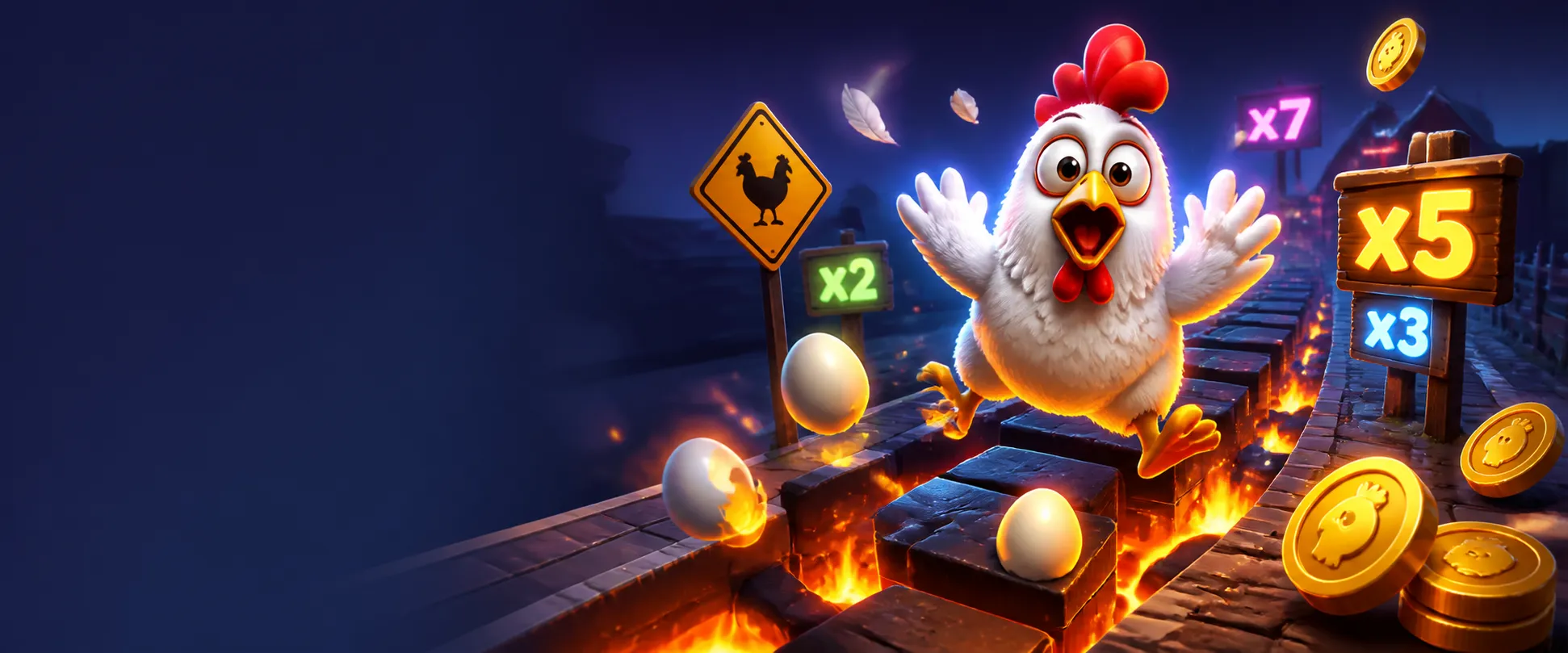 Colorful promotional banner for Chicken Road slot features playful arcade style with road lanes, feathers, and coins.