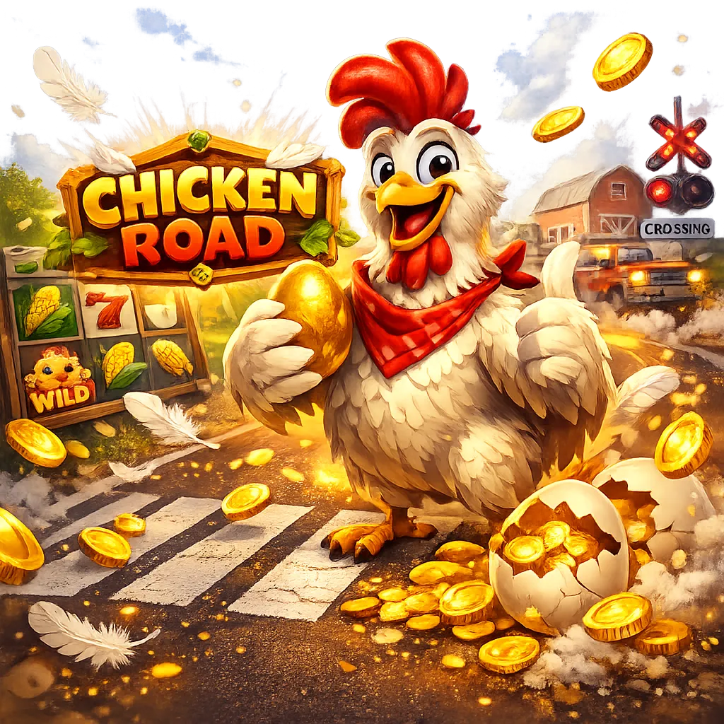 Bright chicken road themed casino slot image with funny chicken, road lanes, eggs, and coins.