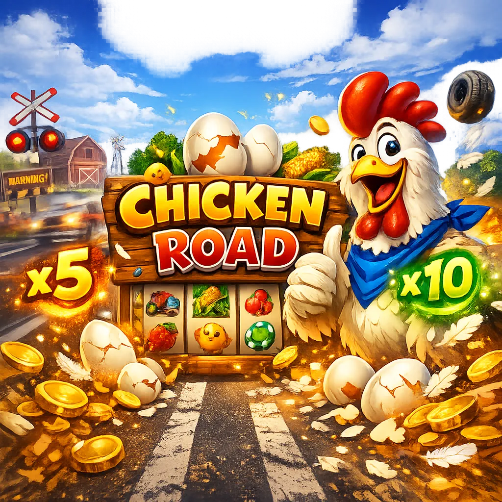 Dynamic promo image for Chicken Road slot with funny chicken crossing road and coins