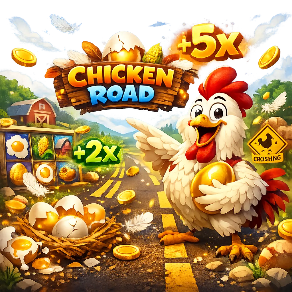 Dynamic promo image featuring a funny chicken on road, eggs, coins, and playful elements for Chicken Road slot.