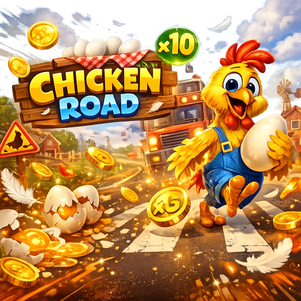 Bright and dynamic promo image for Chicken Road slot game featuring a funny chicken, road lanes, eggs, and coins.